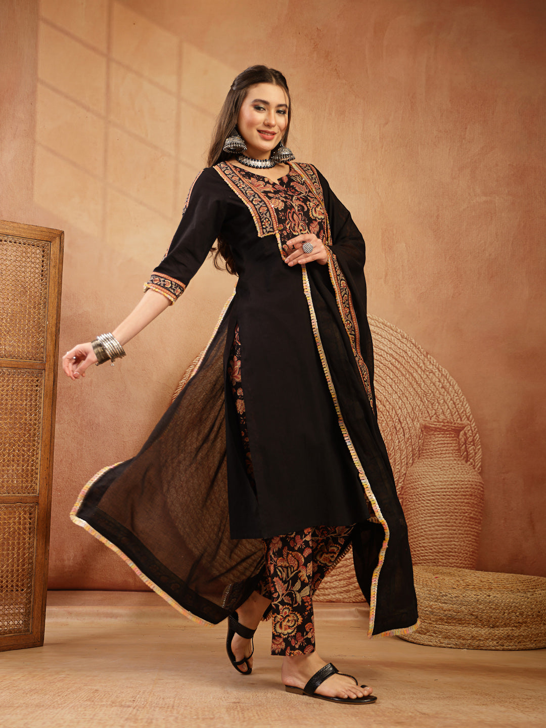 Solid Cotton Straight Kurta Pant Dupatta Set