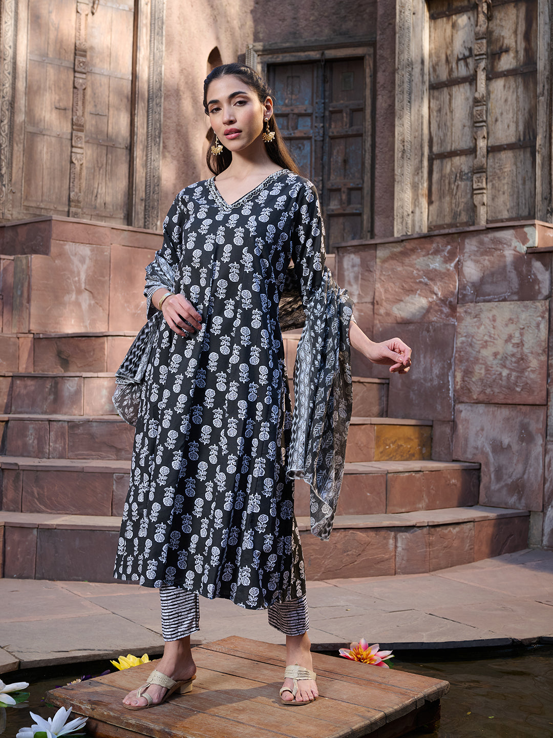 Black Floral Printed Cotton A-Line Kurta Pant Dupatta Set (Pre-Order)