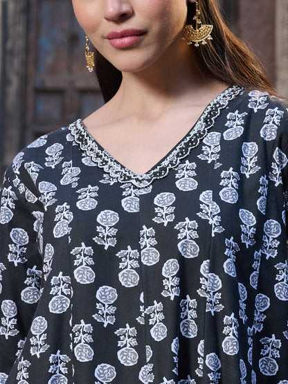 Black Floral Printed Cotton A-Line Kurta Pant Dupatta Set (Pre-Order)