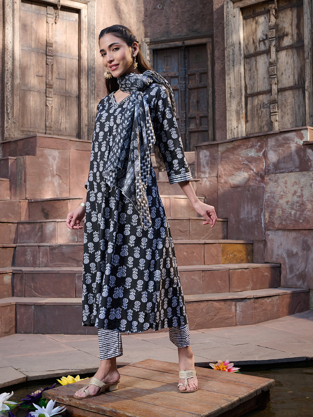 Black Floral Printed Cotton A-Line Kurta Pant Dupatta Set (Pre-Order)