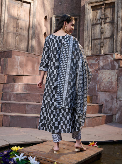 Black Floral Printed Cotton A-Line Kurta Pant Dupatta Set
