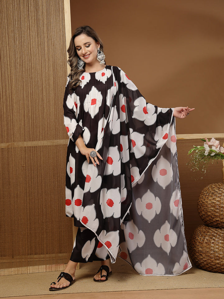 Floral Printed Rayon A-Line Kurta Pant Dupatta Set