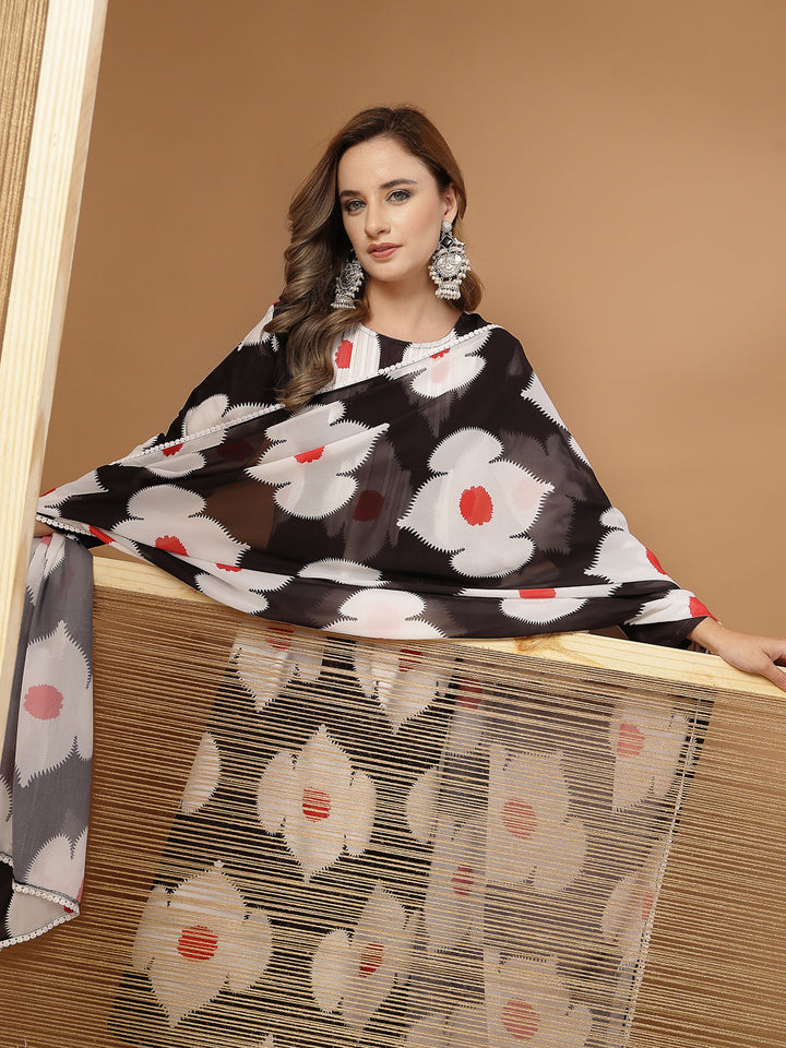 Floral Printed Rayon A-Line Kurta Pant Dupatta Set