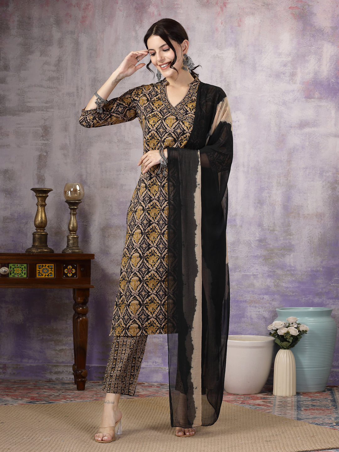 Black Ajrakh Printed Cotton Straight Angrakha Kurta Pant Dupatta Set