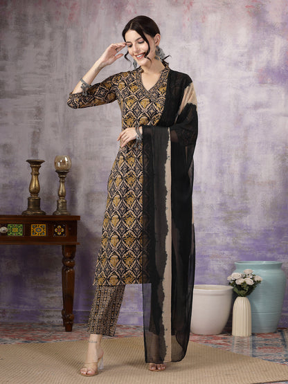 Black Ajrakh Printed Cotton Straight Angrakha Kurta Pant Dupatta Set