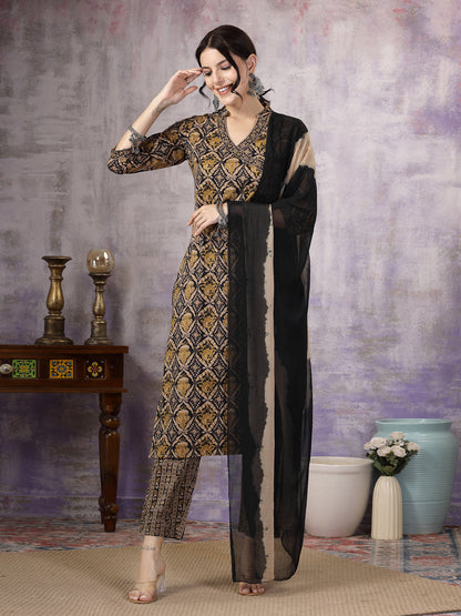Black Ajrakh Printed Cotton Straight Angrakha Kurta Pant Dupatta Set (Pre-Order)
