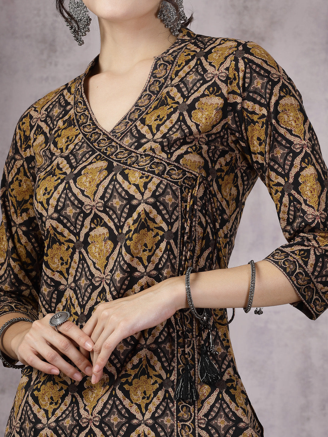 Black Ajrakh Printed Cotton Straight Angrakha Kurta Pant Dupatta Set (Pre-Order)