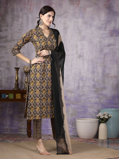 Black Ajrakh Printed Cotton Straight Angrakha Kurta Pant Dupatta Set (Pre-Order)