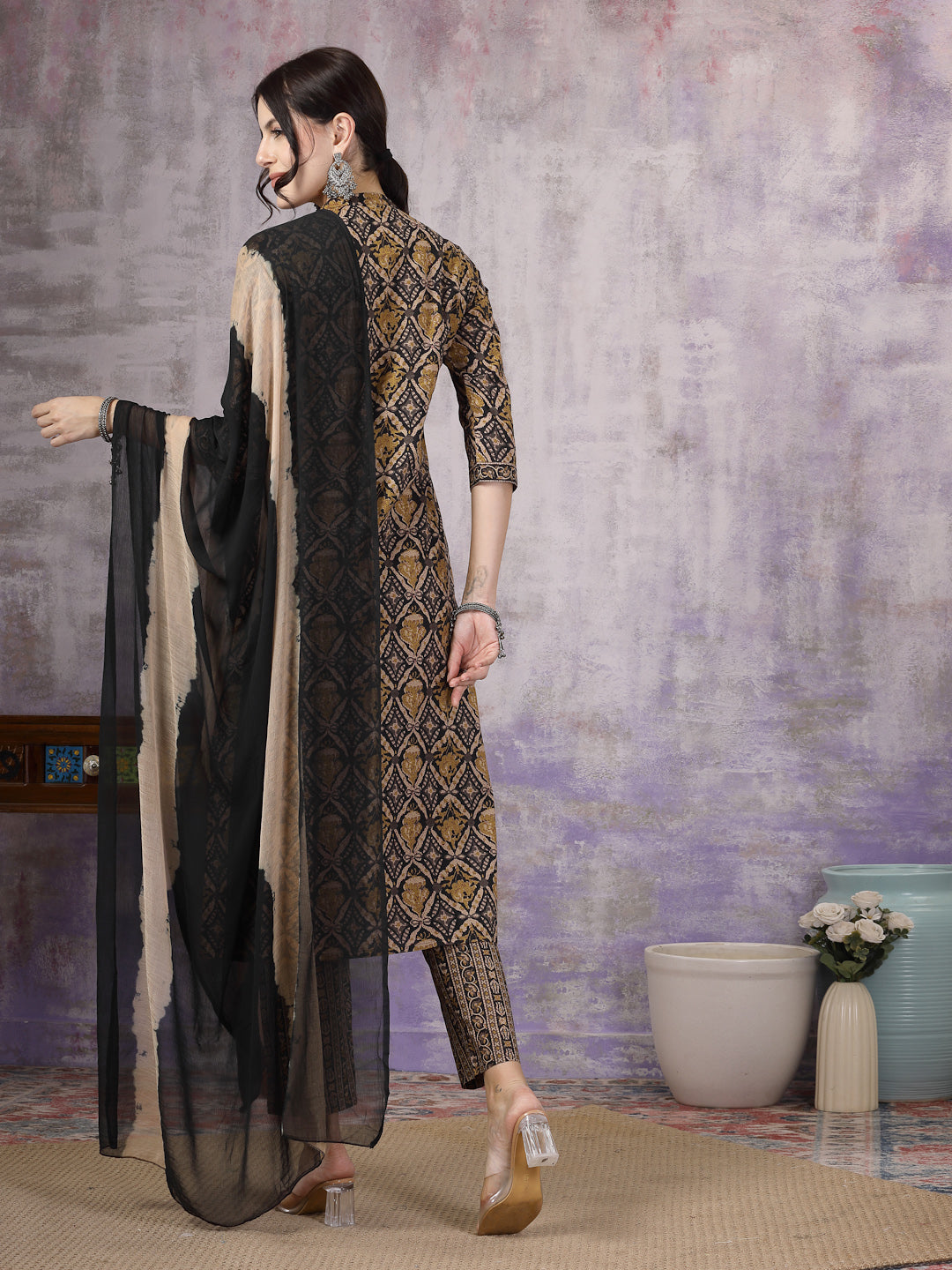 Black Ajrakh Printed Cotton Straight Angrakha Kurta Pant Dupatta Set