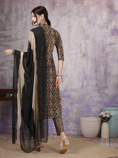 Black Ajrakh Printed Cotton Straight Angrakha Kurta Pant Dupatta Set
