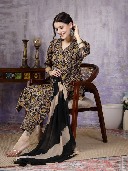 Black Ajrakh Printed Cotton Straight Angrakha Kurta Pant Dupatta Set (Pre-Order)