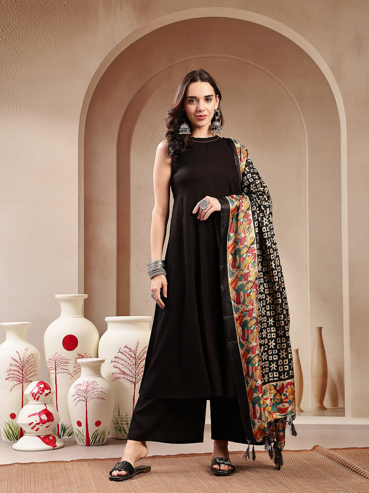 Solid Rayon Flared Kurta Palazzo Dupatta Set