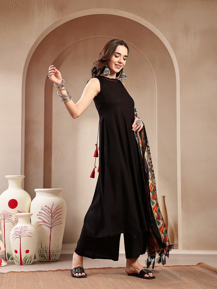 Solid Rayon Flared Kurta Palazzo Dupatta Set