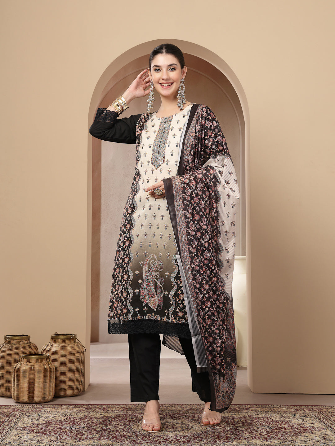 Ethnic Printed Cotton Straight Kurta Pant Dupatta Set