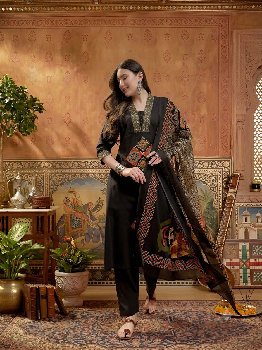 Solid Cotton A-Line Kurta Pant Dupatta Set
