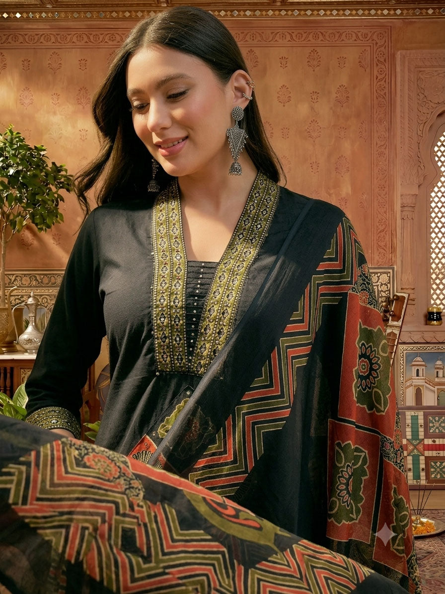 Solid Cotton A-Line Kurta Pant Dupatta Set