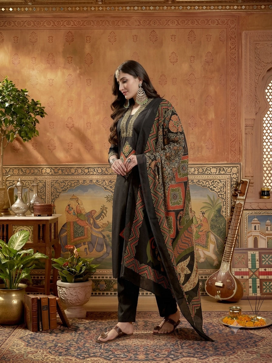 Solid Cotton A-Line Kurta Pant Dupatta Set