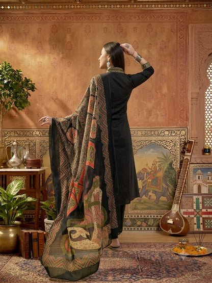 Solid Cotton A-Line Kurta Pant Dupatta Set