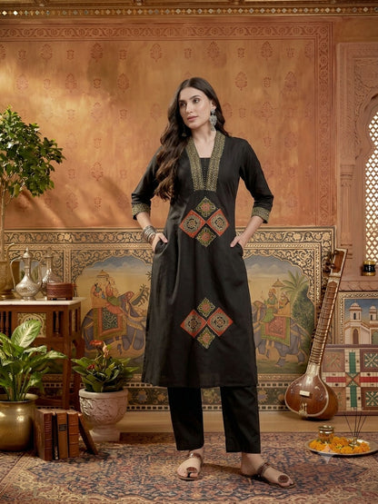 Solid Cotton A-Line Kurta Pant Dupatta Set