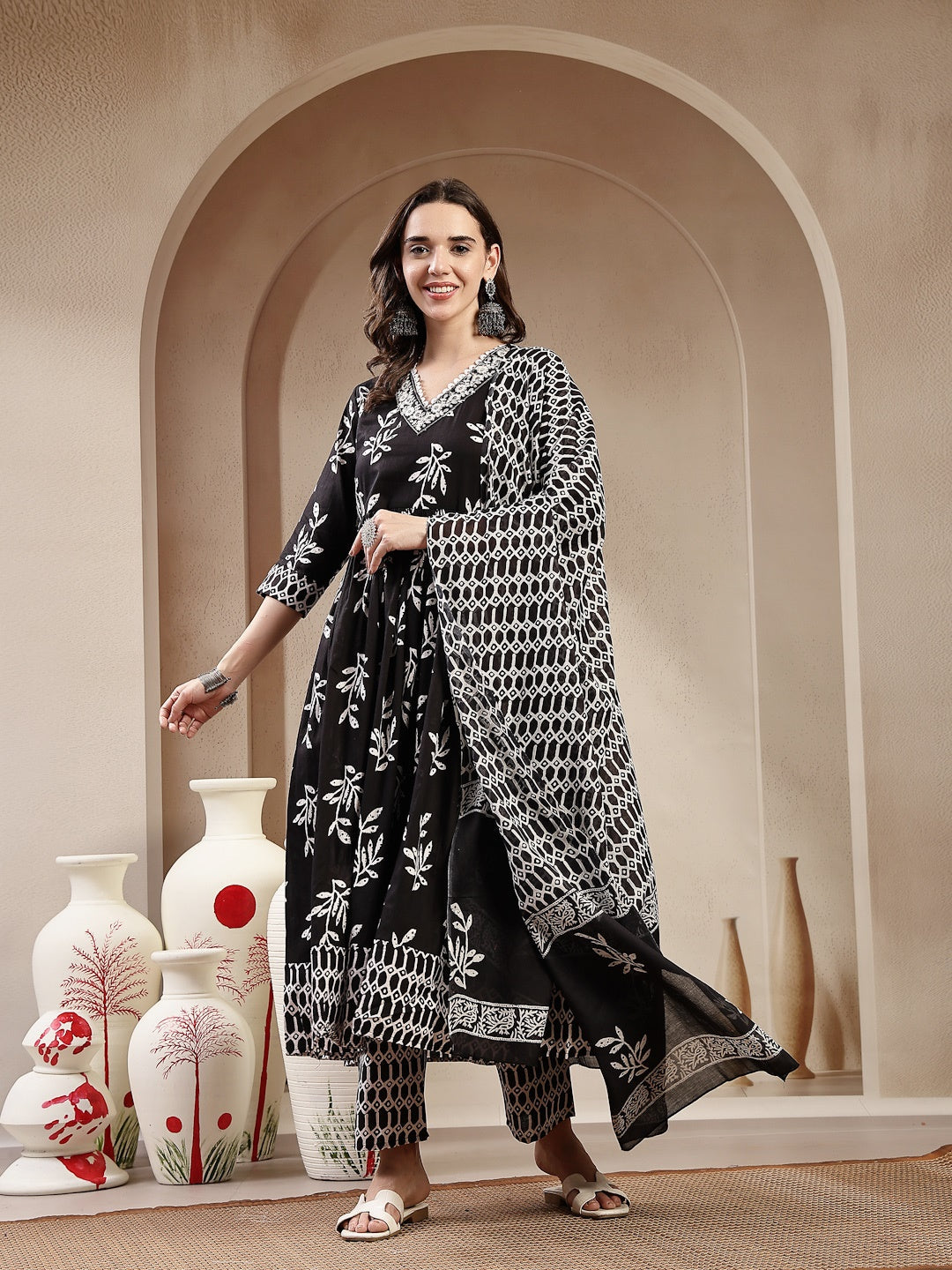 Black Floral Printed Cotton Anarkali Kurta Pant Dupatta Set