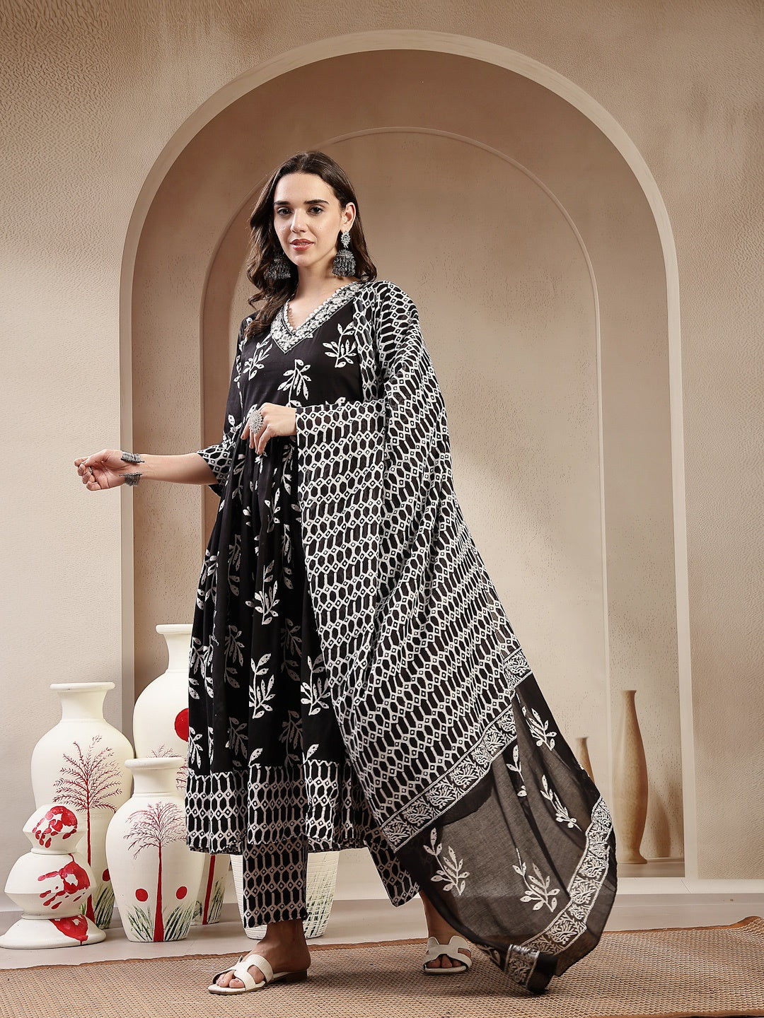 Black Floral Printed Cotton Anarkali Kurta Pant Dupatta Set