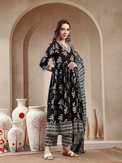 Black Floral Printed Cotton Anarkali Kurta Pant Dupatta Set
