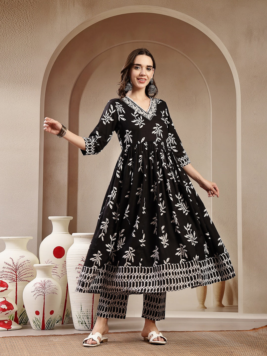 Black Floral Printed Cotton Anarkali Kurta Pant Dupatta Set