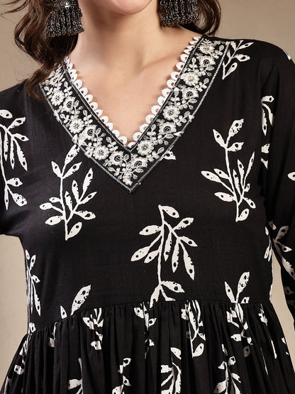 Black Floral Printed Cotton Anarkali Kurta Pant Dupatta Set