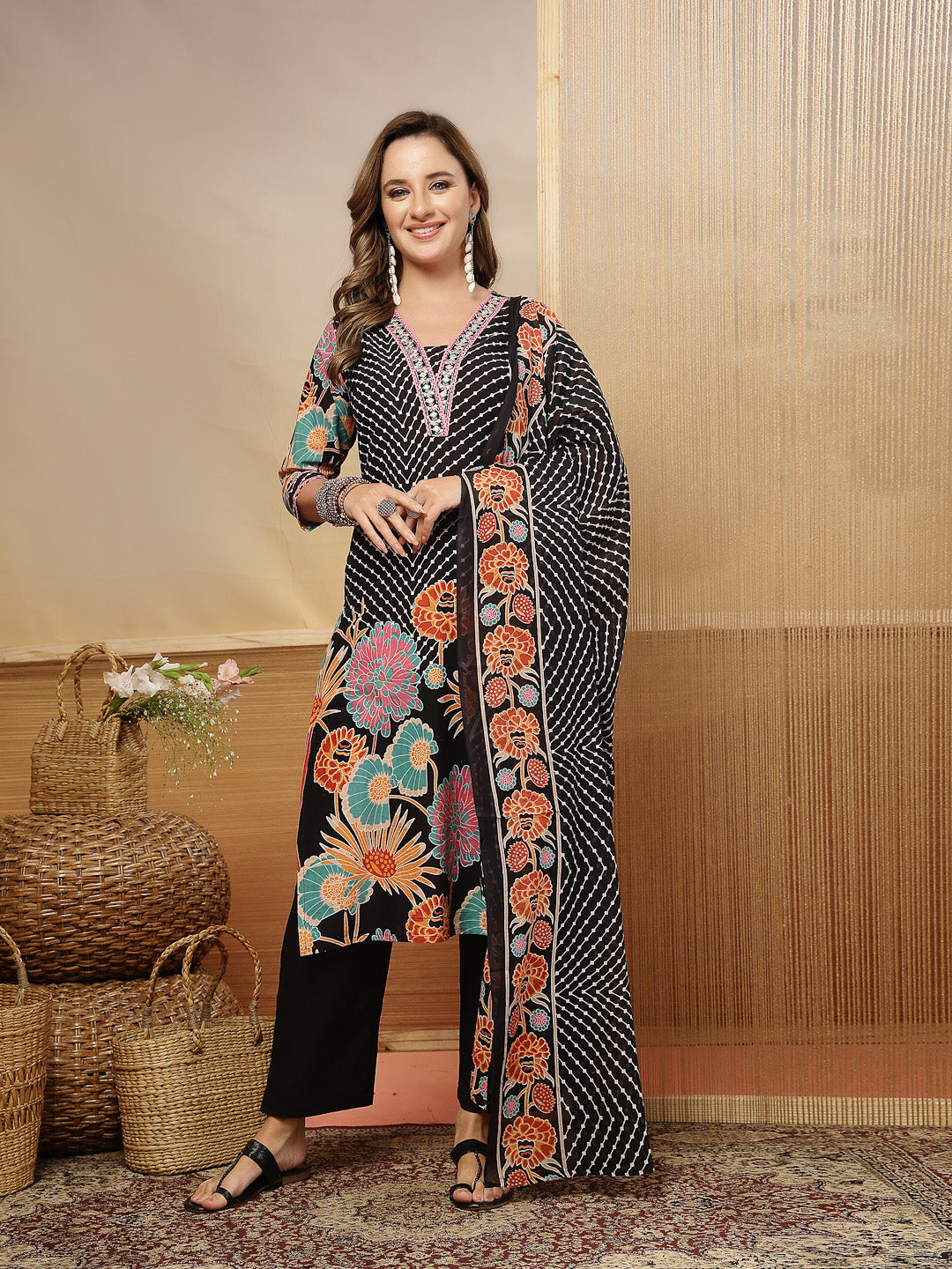 Floral Printed Cotton Blend Straight Kurta Pant Dupatta Set