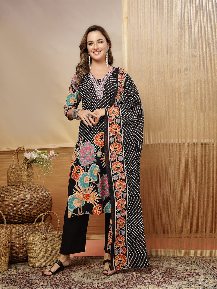 Floral Printed Cotton Blend Straight Kurta Pant Dupatta Set