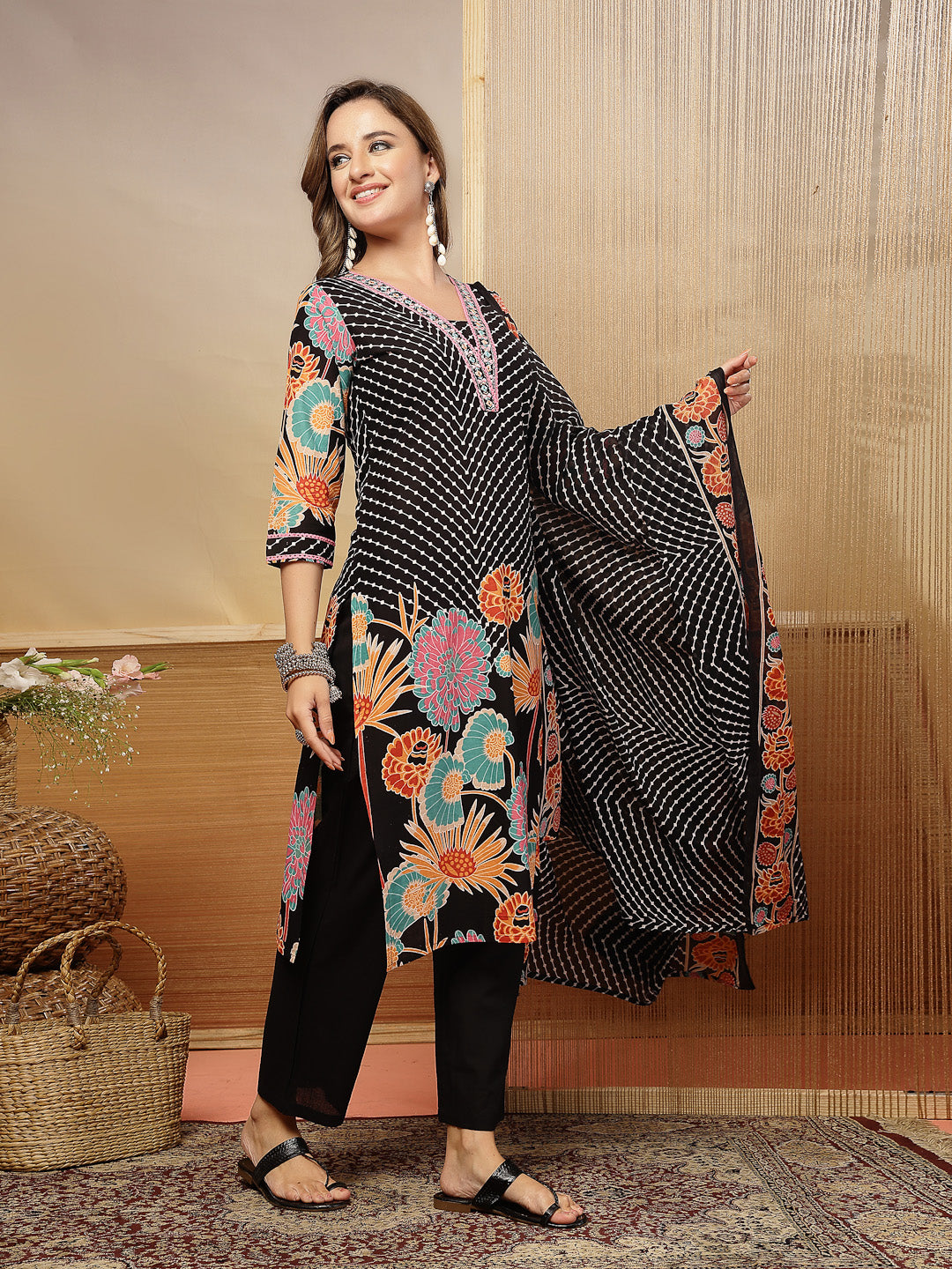 Floral Printed Cotton Blend Straight Kurta Pant Dupatta Set