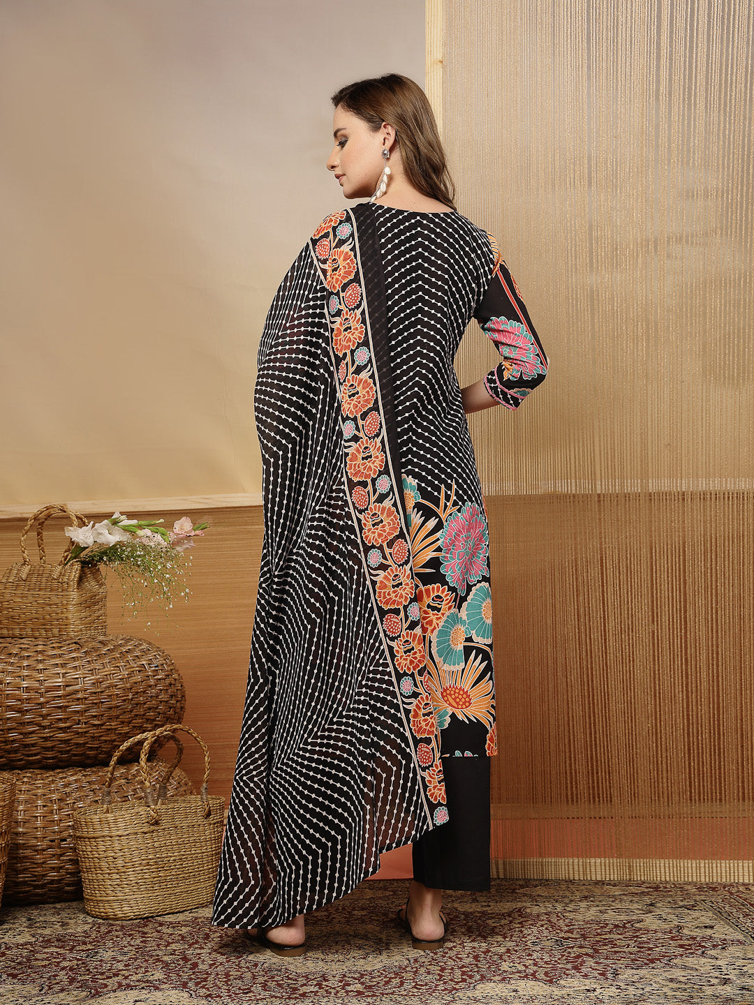Floral Printed Cotton Blend Straight Kurta Pant Dupatta Set