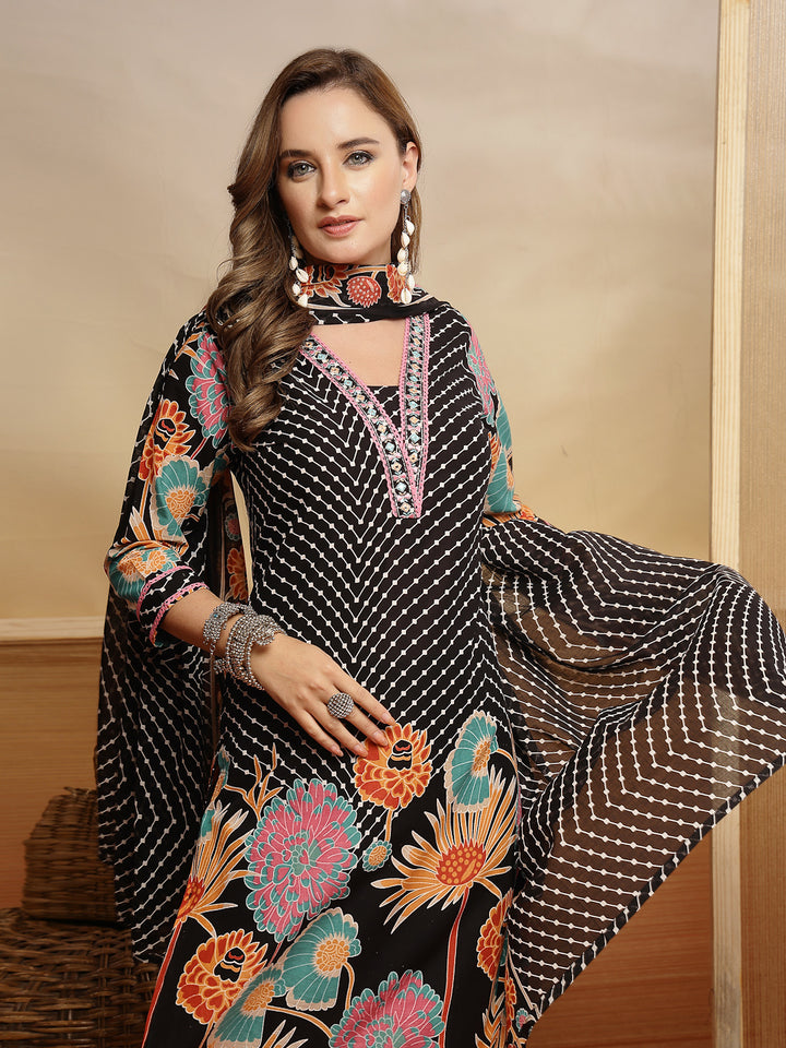 Floral Printed Cotton Blend Straight Kurta Pant Dupatta Set