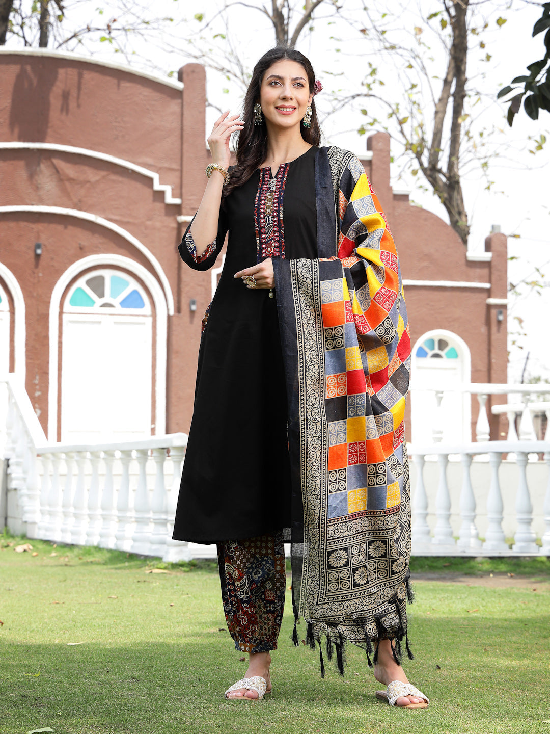 Black Solid & Embroidered Cotton A-Line Kurta Pant Dupatta Set (Pre-Order)