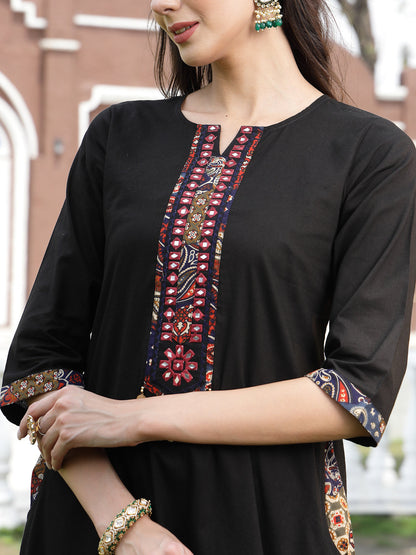 Black Solid & Embroidered Cotton A-Line Kurta Pant Dupatta Set (Pre-Order)