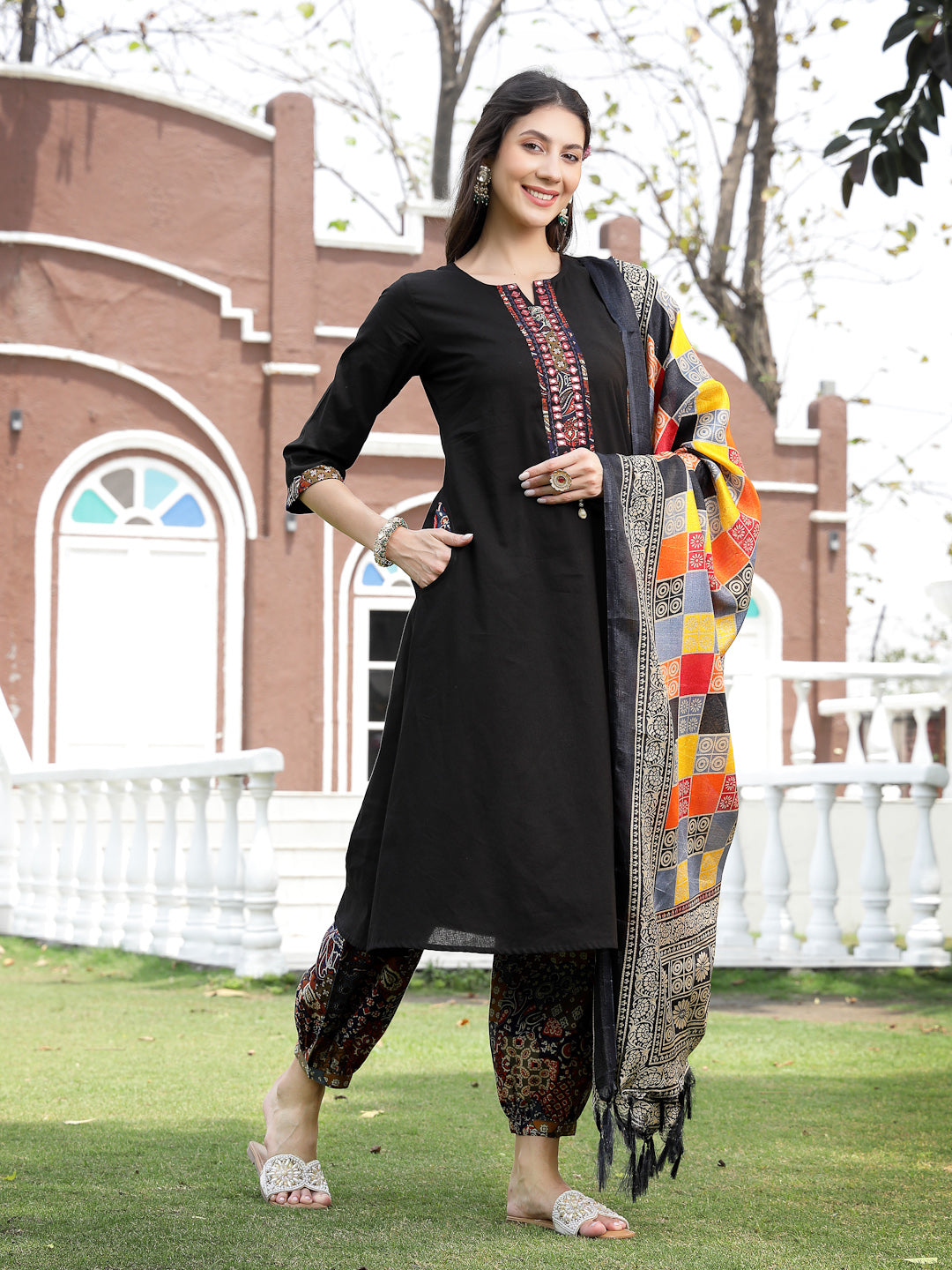 Black Solid & Embroidered Cotton A-Line Kurta Pant Dupatta Set (Pre-Order)