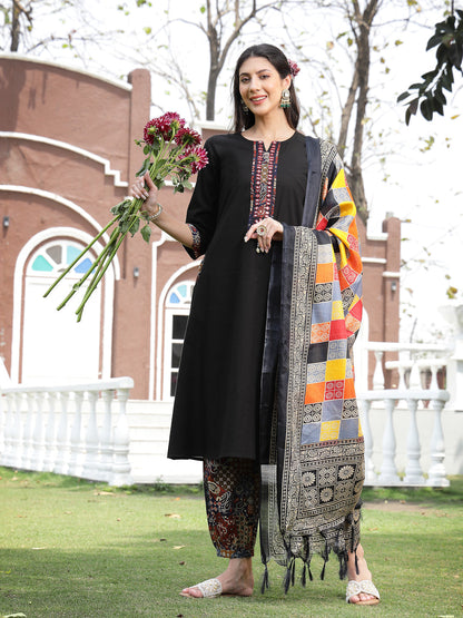 Black Solid & Embroidered Cotton A-Line Kurta Pant Dupatta Set