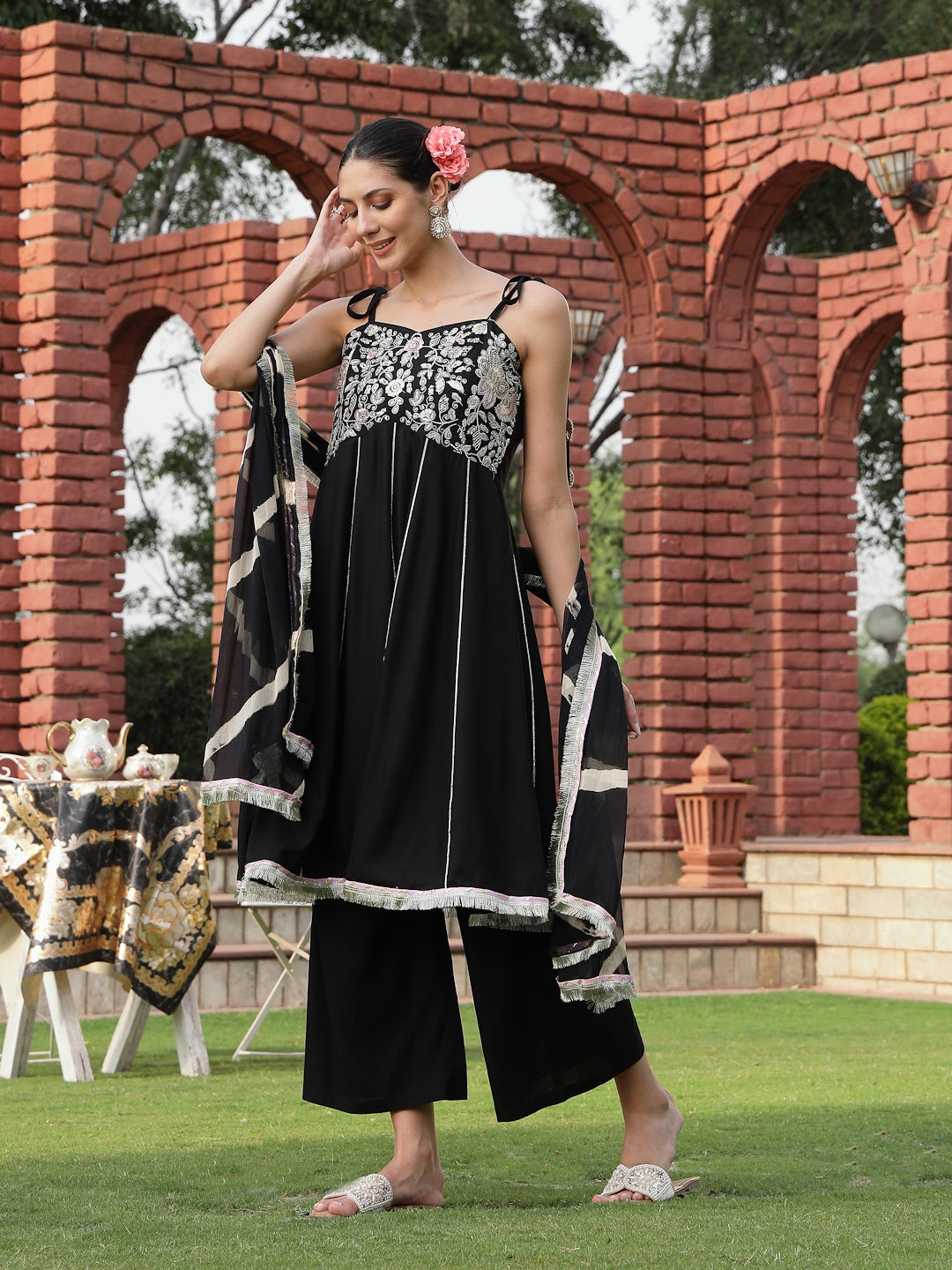 Black Solid & Embroidered Cotton A-Line Kurta Dhoti Pant Dupatta Set