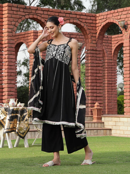 Black Solid & Embroidered Cotton A-Line Kurta Dhoti Pant Dupatta Set