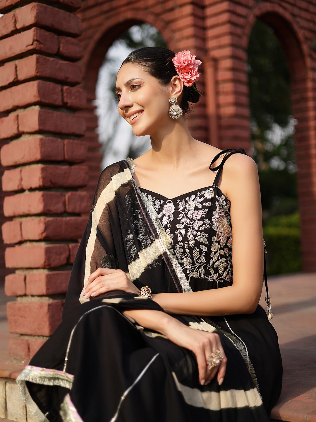 Black Solid & Embroidered Cotton A-Line Kurta Dhoti Pant Dupatta Set, alternate view