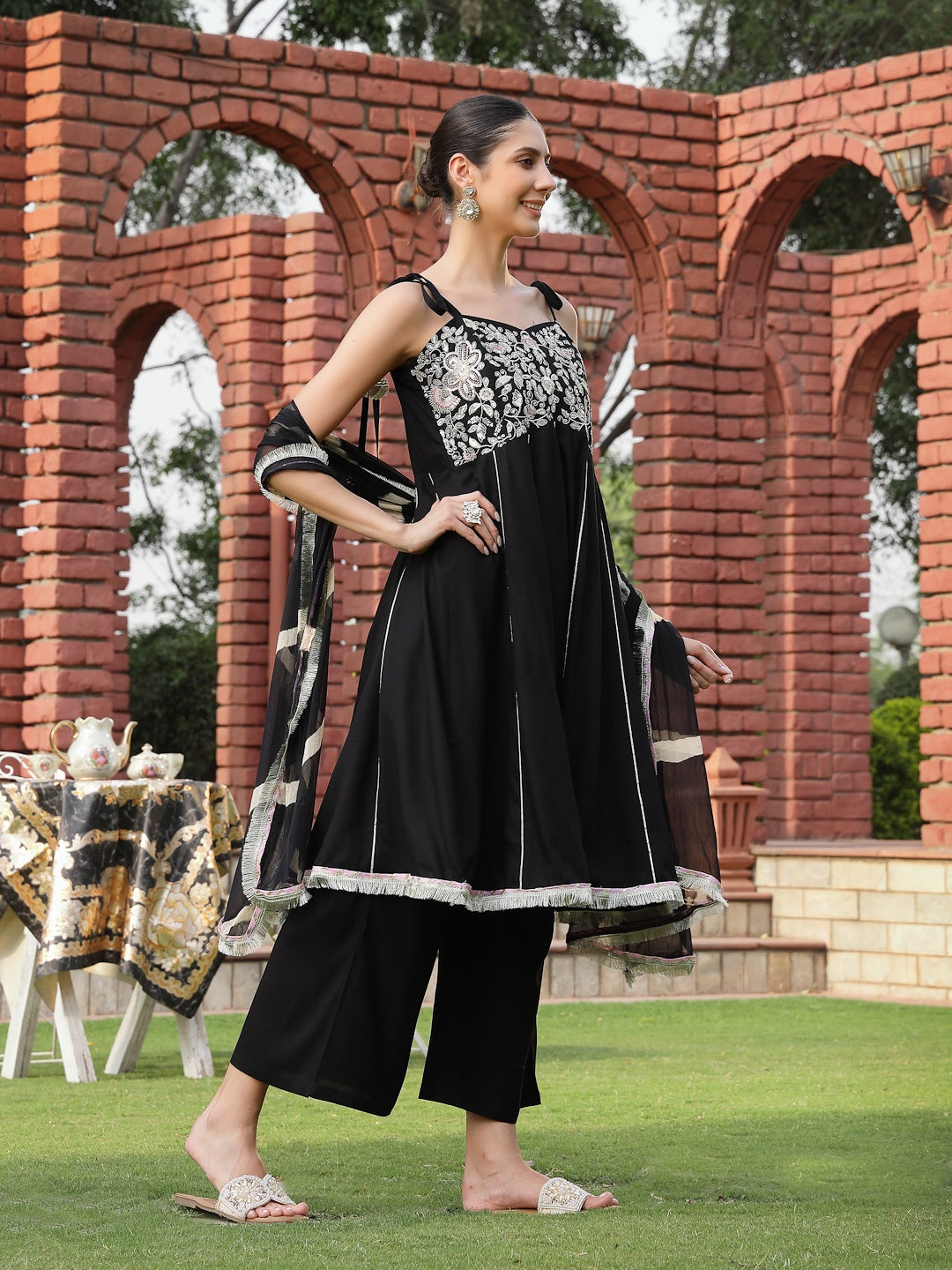 Black Solid &amp; Embroidered Cotton A-Line Kurta Dhoti Pant Dupatta Set