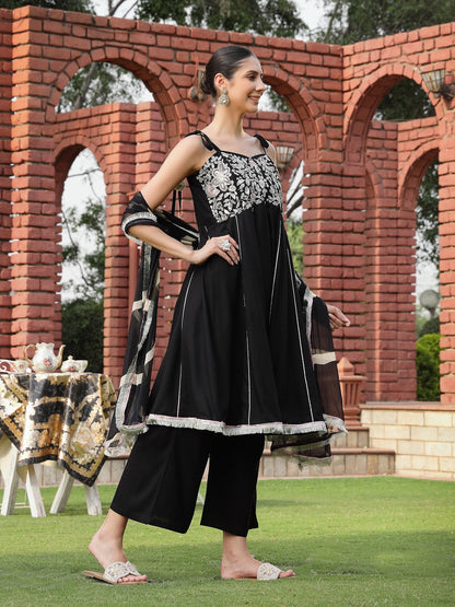 Black Solid & Embroidered Cotton A-Line Kurta Dhoti Pant Dupatta Set