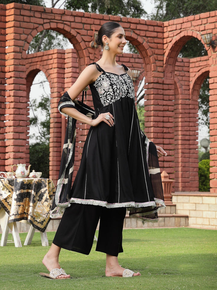 Black Solid &amp; Embroidered Cotton A-Line Kurta Dhoti Pant Dupatta Set