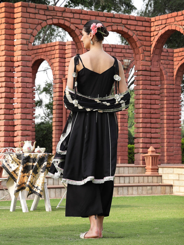Black Solid &amp; Embroidered Cotton A-Line Kurta Dhoti Pant Dupatta Set