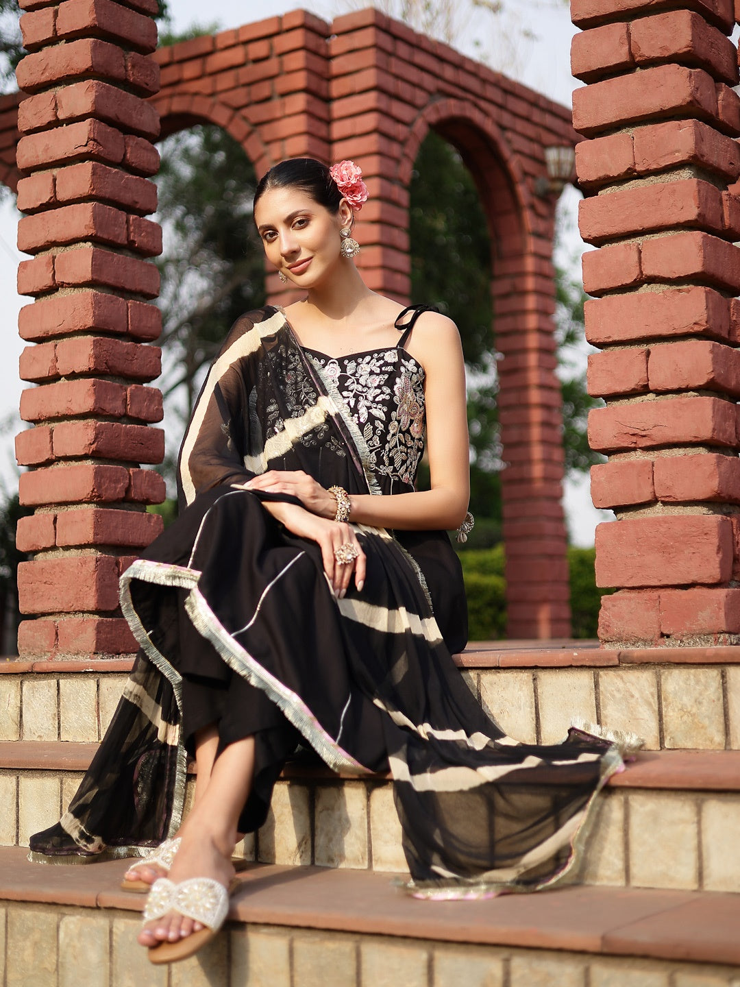 Black Solid & Embroidered Cotton A-Line Kurta Dhoti Pant Dupatta Set