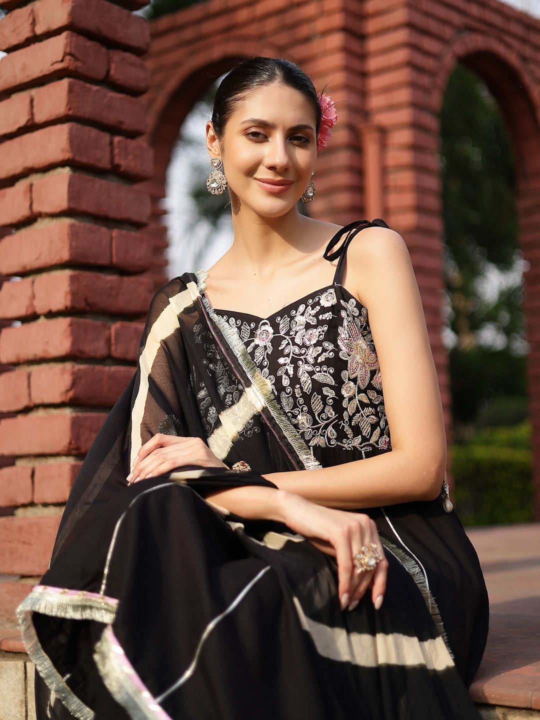 Black Solid &amp; Embroidered Cotton A-Line Kurta Dhoti Pant Dupatta Set