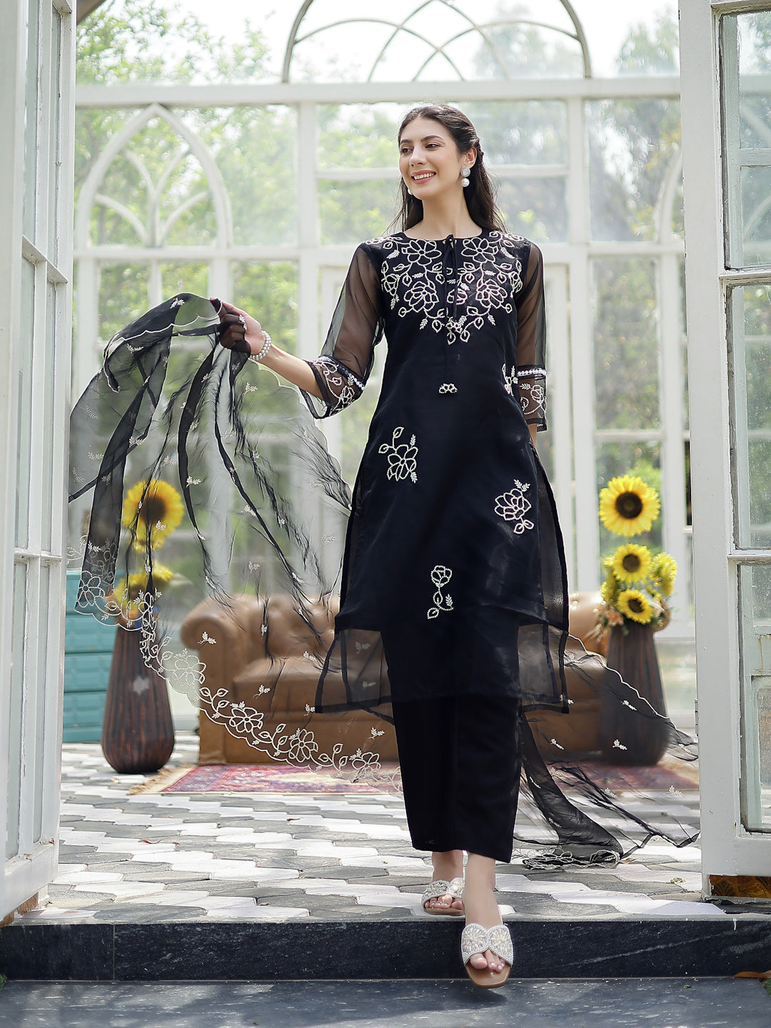 Black Solid & Embroidered Cotton Straight Kurta Pant Dupatta Set (Pre-Order)