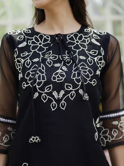 Black Solid & Embroidered Cotton Straight Kurta Pant Dupatta Set