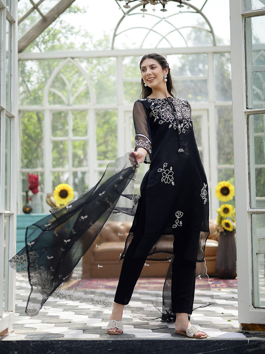 Black Solid & Embroidered Cotton Straight Kurta Pant Dupatta Set (Pre-Order)