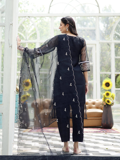 Black Solid & Embroidered Cotton Straight Kurta Pant Dupatta Set (Pre-Order)